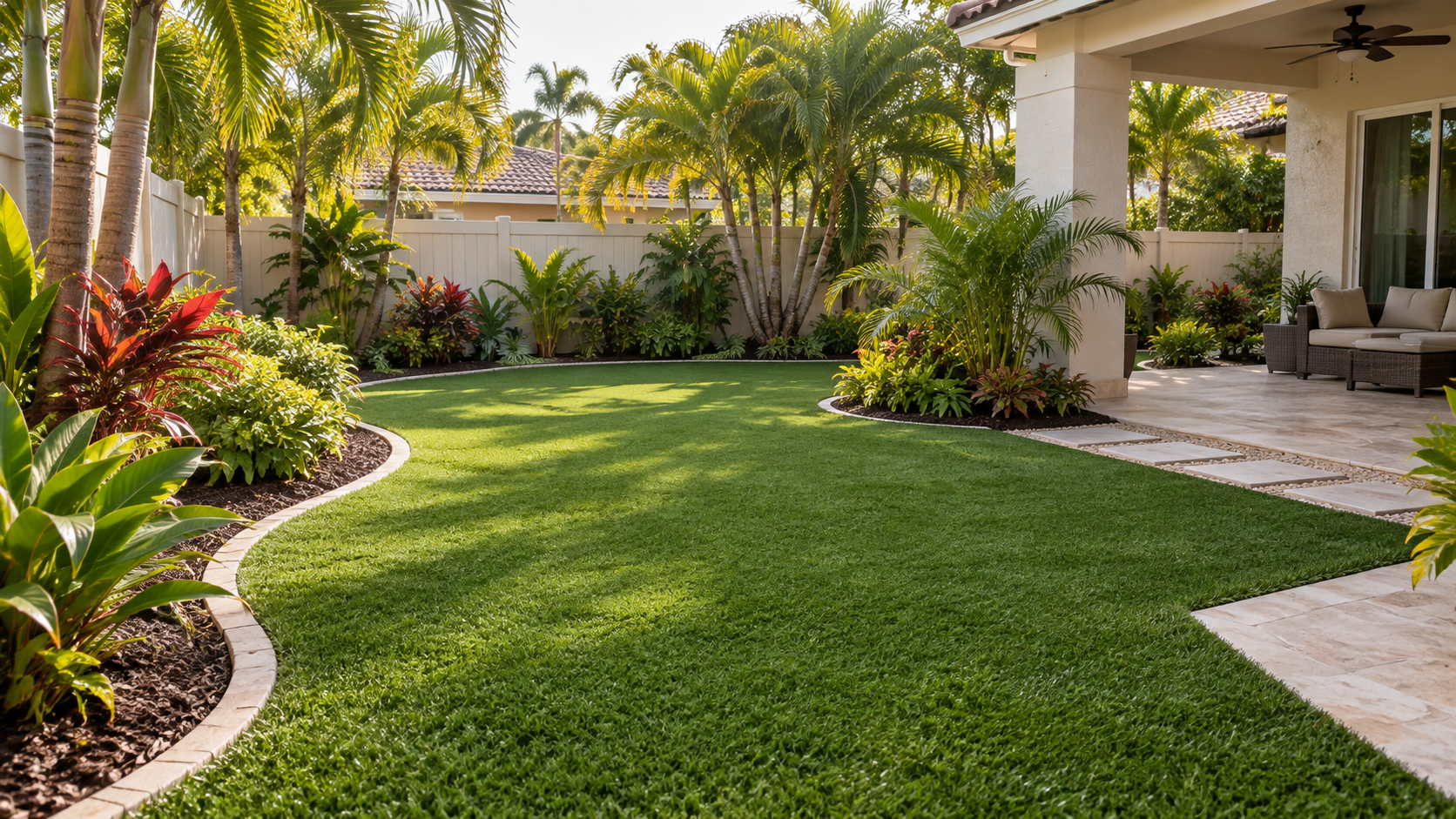 Illustrative finished artificial grass installation in a residential yard