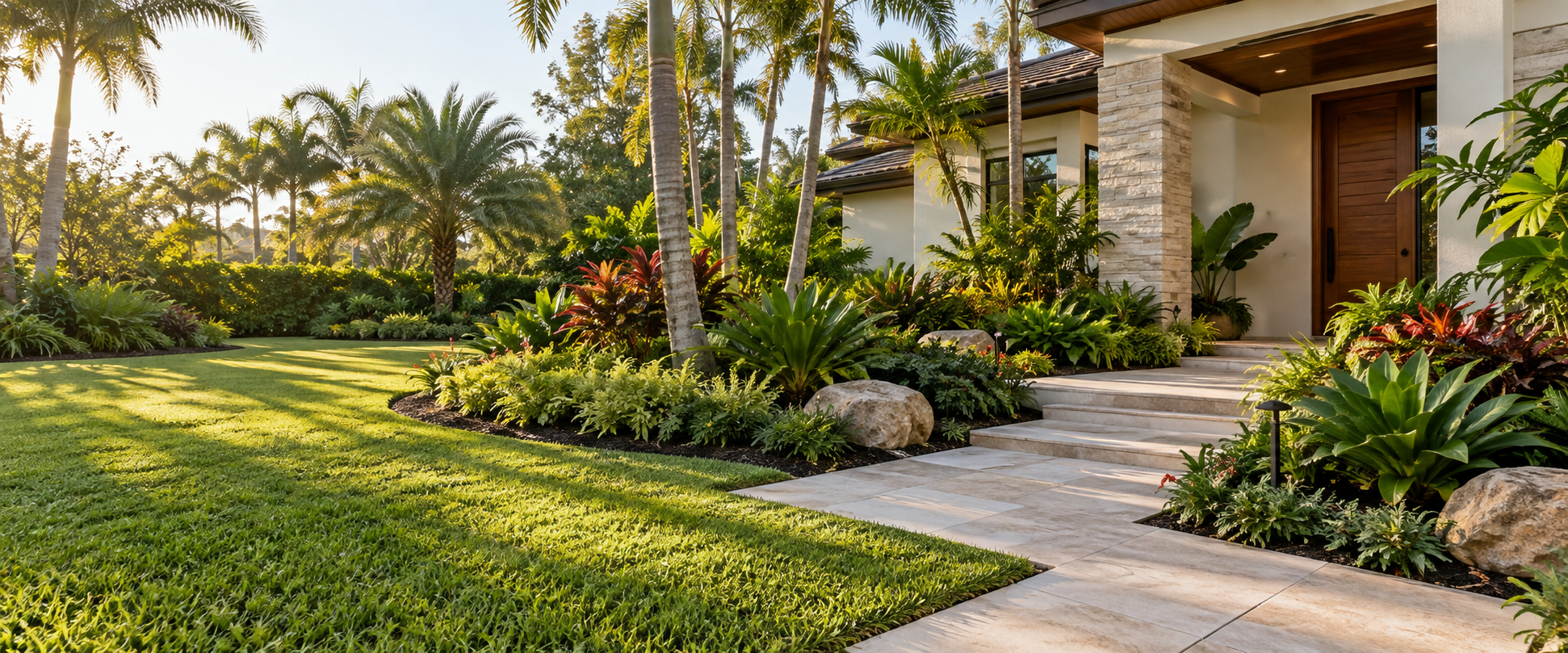 Illustrative contemporary Florida landscape with tropical plants and a paver walkway